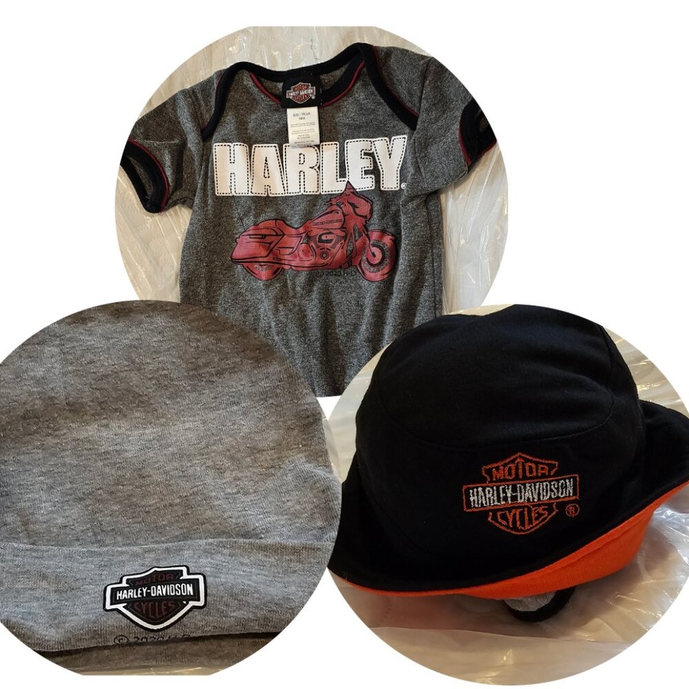 Baby Harley-Davidson Batch: Gray Beanie, Black & Orange Hat, and Grey Onesie
